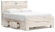 Signature Design by Ashley Lawroy panel bed with built-in storage drawers and a modern wood finish, perfect for bedroom organization.