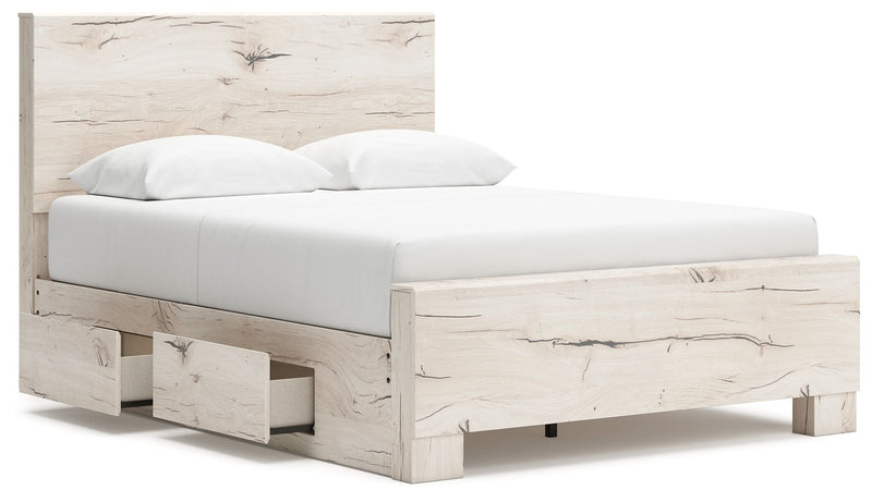 Signature Design by Ashley Lawroy panel bed with built-in storage drawers and a modern wood finish, perfect for bedroom organization.
