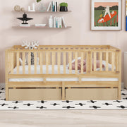 DreamHaus storage daybed with fence guardrails, two drawers, and convertible design for independent floor bed and daybed use.