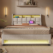 Artistry At Home upholstered platform storage bed with hydraulic lift, LED lights, and USB charging ports, without mattress.