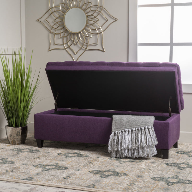Juliana storage ottoman with birch wood legs by Noble House, featuring a cushioned top and spacious interior for versatile storage.