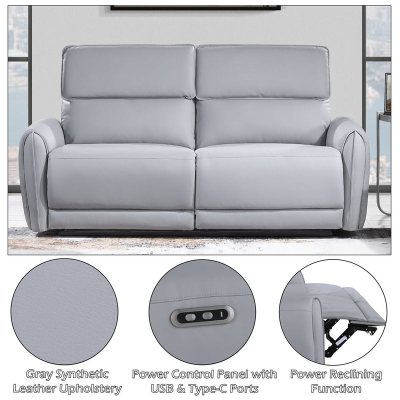 Jeromie gray synthetic leather power motion sofa with USB port, reclining sofa by ACME, showing plush cushions and sleek design.