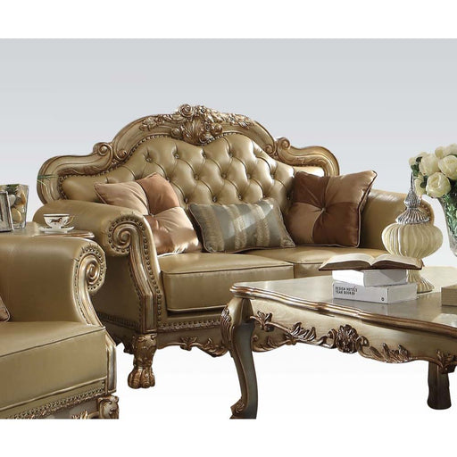 Dresden - Loveseat With 3 Pillows - Bone Synthetic Leather & Gold Patina - R&R Furniture Gallery (Fountain Valley, CA)