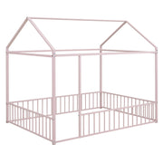 Halcyon Home metal house bed frame with canopy and fence, modern canopy bed for kids or teens, sturdy metal construction.