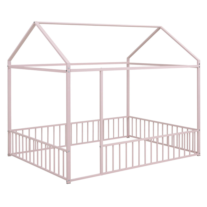 Halcyon Home metal house bed frame with canopy and fence, modern canopy bed for kids or teens, sturdy metal construction.