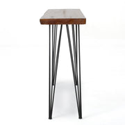 Modern industrial breakfast bar table with wood veneer top and metal hairpin legs, by Noble House, in a natural finish.