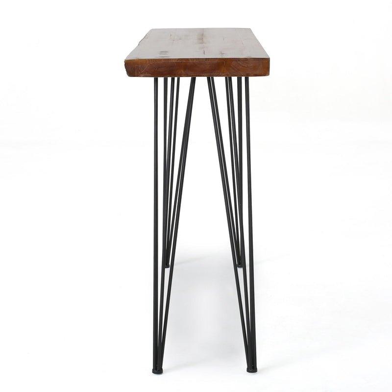 Modern industrial breakfast bar table with wood veneer top and metal hairpin legs, by Noble House, in a natural finish.