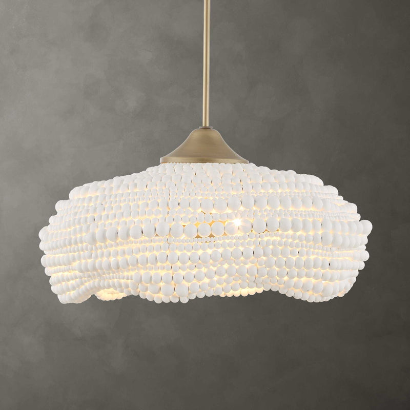 White beaded pendant light by Uttermost, 5-light pendant lighting fixture with intricate bead details for modern interior decor.