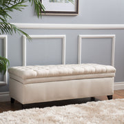 Juliana storage ottoman with birch wood legs by Noble House, featuring a cushioned top and spacious interior for storage.
