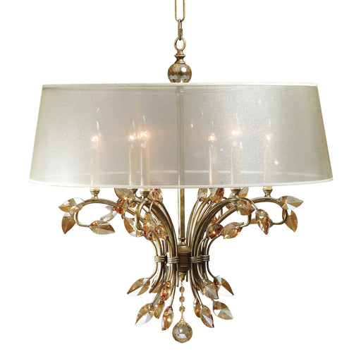 Uttermost Alenya gold 6-light shade chandelier with elegant design and modern chandelier style, hanging with illuminated shades.
