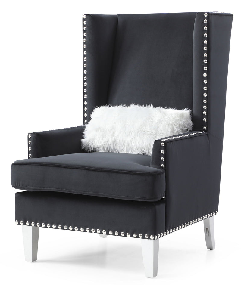 Elegant traditional arm chair by Glory Furniture with carved wooden legs and plush fabric upholstery.