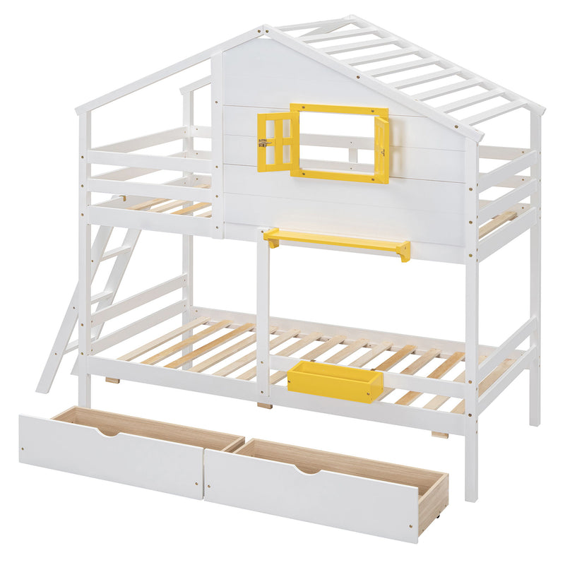 DreamHaus bunk bed with playhouse roof and window, featuring a sturdy wooden frame and fun, kid-friendly design