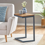 C-shaped end table with iron base and fir wood top, designed as a chair side table by Noble House.