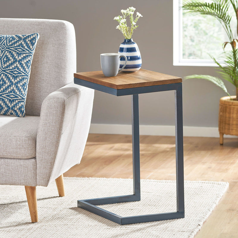 C-shaped end table with iron base and fir wood top, designed as a chair side table by Noble House.