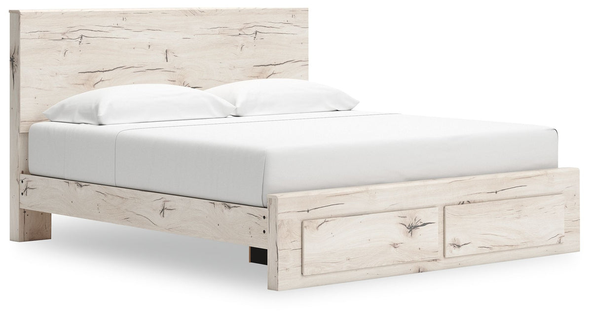 Signature Design by Ashley Lawroy panel storage bed with built-in drawers and modern wood finish in a bedroom setting