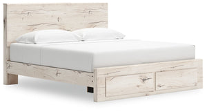 Signature Design by Ashley Lawroy panel storage bed with built-in drawers and modern wood finish in a bedroom setting