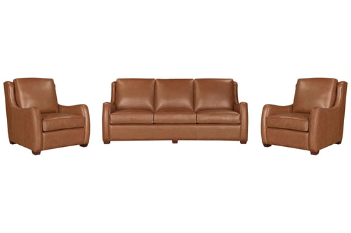 Parker Living Channing cinnamon leather 2-piece living room set with scroll arms and antique brass nail trim, soft and stylish.