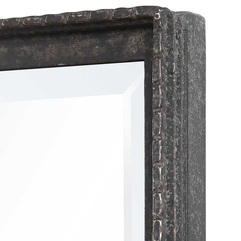 Black Callan Leaner Mirror by Uttermost, modern full-length mirror with sleek black frame, standing on the floor against a wall.