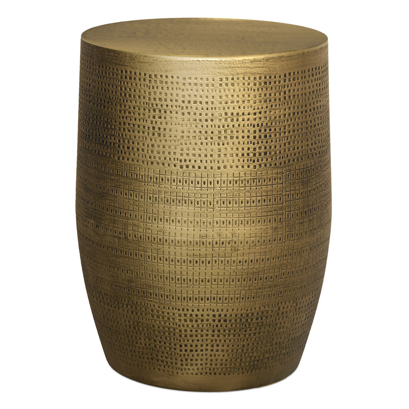 Johnsen Morse Pattern Accent Table by Simpli-Home in antique brass with a decorative Morse code pattern and sturdy metal frame.