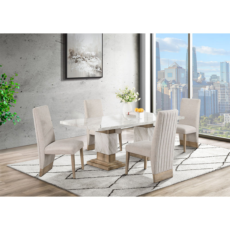 Beige Stacey dining table with pedestal base by Global Furniture USA, showcasing a sleek, modern design for contemporary dining rooms.