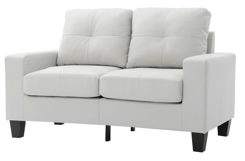 Glory Furniture Newbury track arm loveseat in cozy space, stationary design with plush cushions and modern fabric upholstery.
