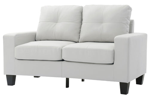 Glory Furniture Newbury track arm loveseat in cozy space, stationary design with plush cushions and modern fabric upholstery.