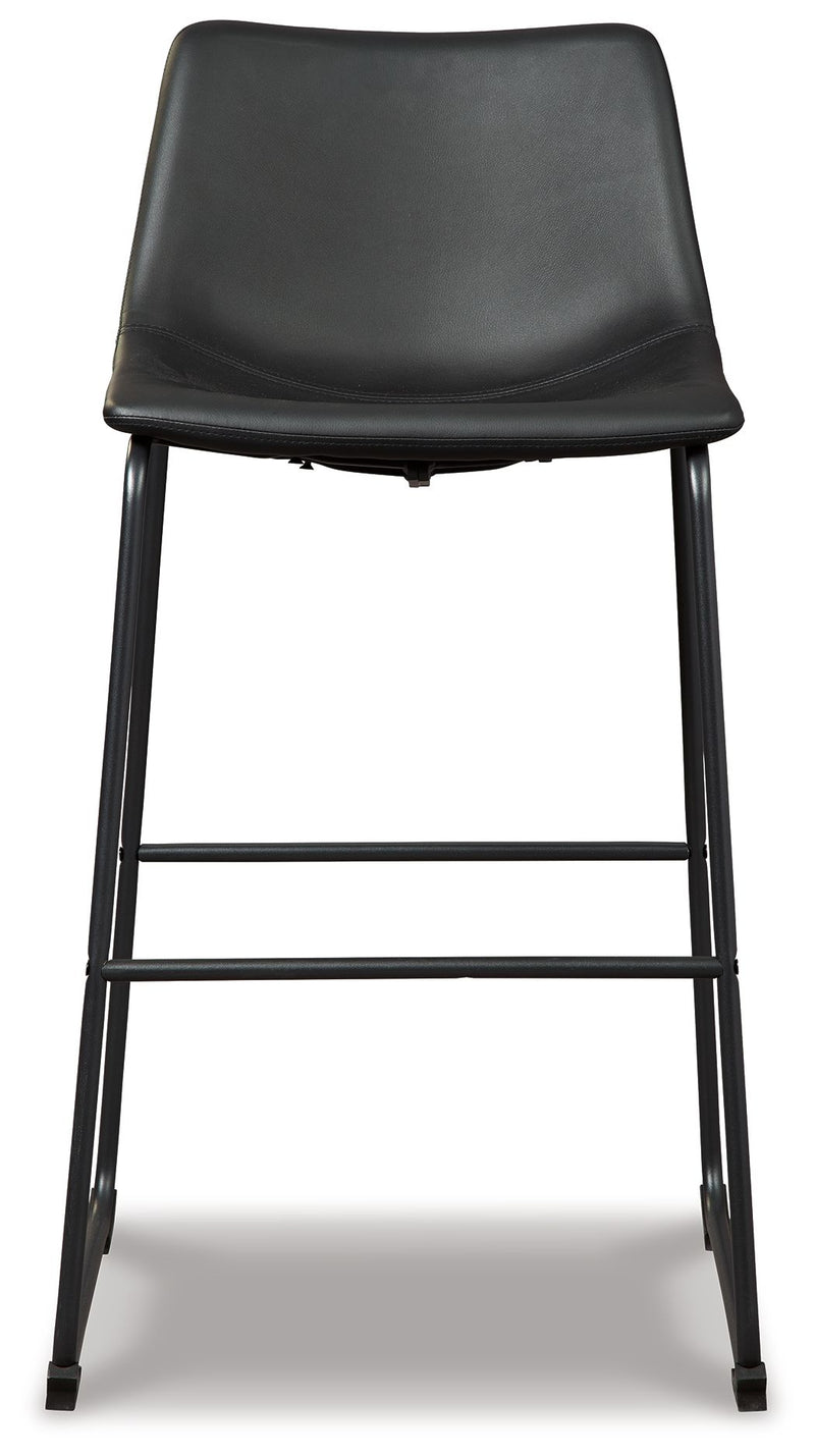 Set of two Signature Design by Ashley® Centiar upholstered barstools with padded seats and wooden legs for modern kitchen seating.
