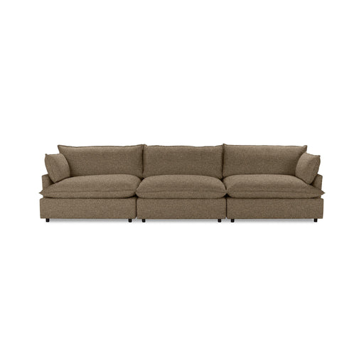 Classic Home Caplan modular sectional in neutral fabric, showing its L-shaped design with plush cushions and wooden legs.