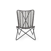 Set of two gray outdoor wicker chairs with geometric cross metal bases by Noble House, ideal for patio or garden seating.