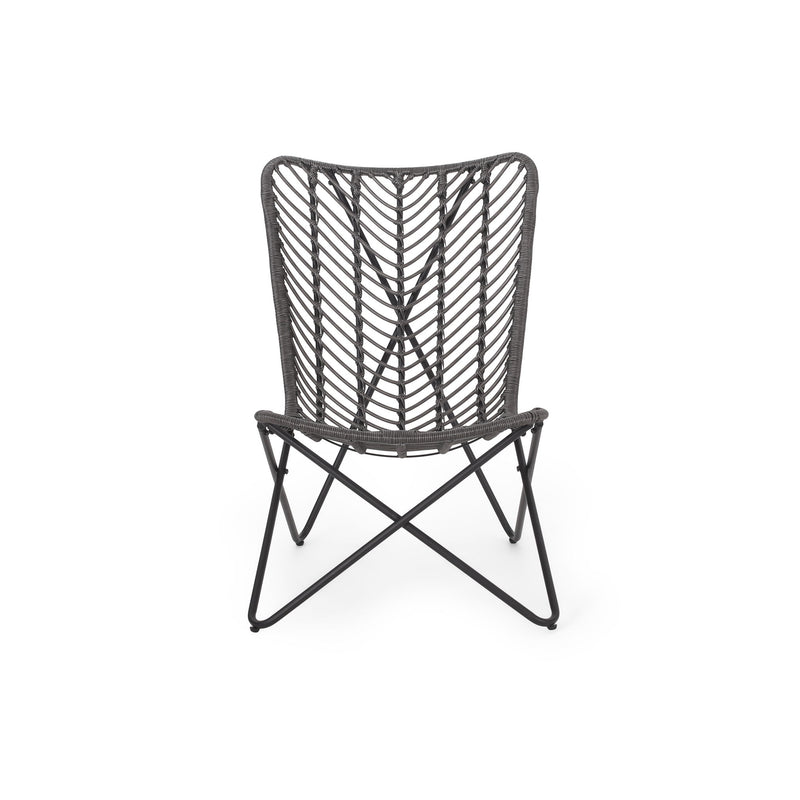 Set of two gray outdoor wicker chairs with geometric cross metal bases by Noble House, ideal for patio or garden seating.