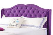 Transitional upholstered bed by Glory Furniture featuring a padded headboard and soft fabric in a modern bedroom setting.