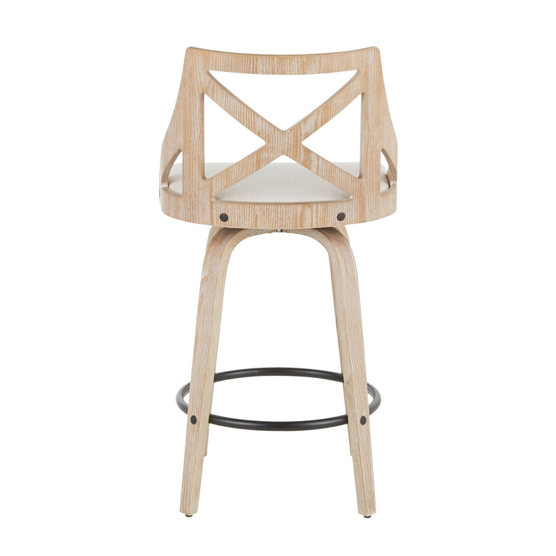 Set of two Lumi Source Charlotte farmhouse counter stools with swivel, white washed cream finish, fixed height, ideal for kitchen counters