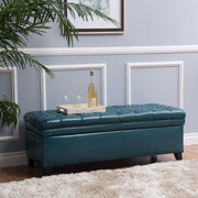Noble House Juliana storage ottoman with beige fabric top and sleek birch wood legs, providing stylish extra seating and storage.