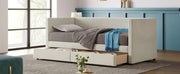 Halcyon Home storage daybed with two drawers and wood slat design, showcasing its sturdy frame and functional storage space.
