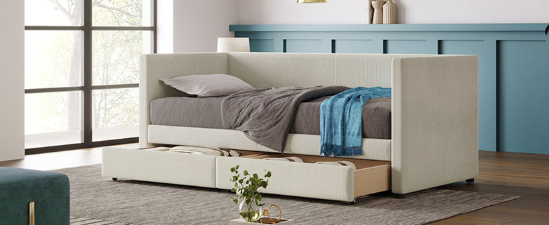 Halcyon Home storage daybed with two drawers and wood slat design, showcasing its sturdy frame and functional storage space.