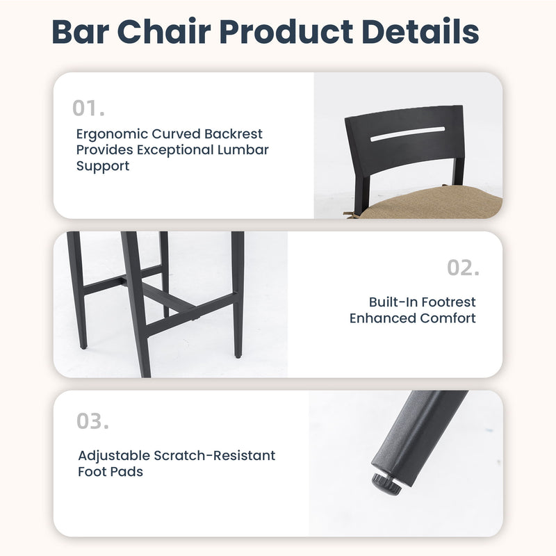 Set of two Life Outside modern outdoor bar stools with backrests and footrests, featuring sleek design and sturdy metal frames.