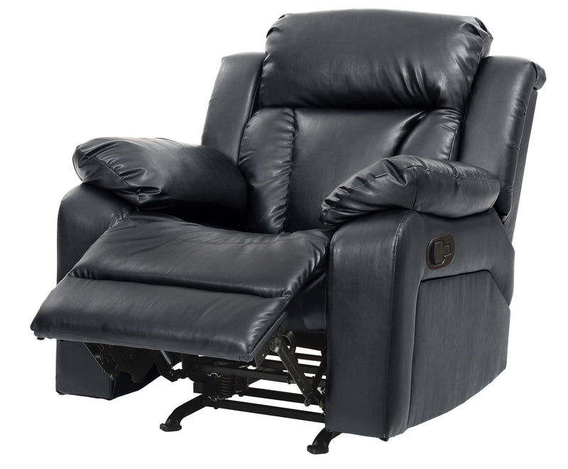 Glory Furniture rocking motion recliner chair with plush cushioning and wooden base, designed for comfort and relaxation.