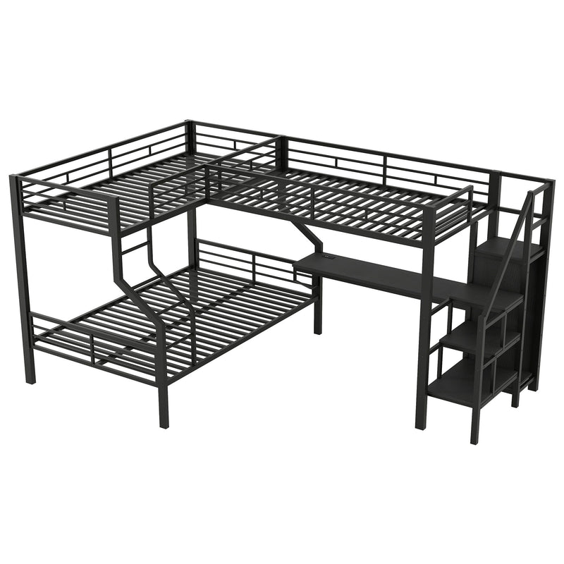 Twin Over Full L Shaped Bunk & Loft Bed With Built-In Wardrobe, Desk, And USB Ports - Black - R&R Furniture Gallery (Fountain Valley, CA)