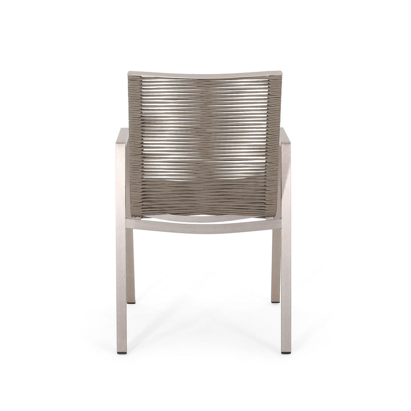 Modern aluminum outdoor dining chair set with rope sea design, includes two Noble House chair sets for patio or garden use.