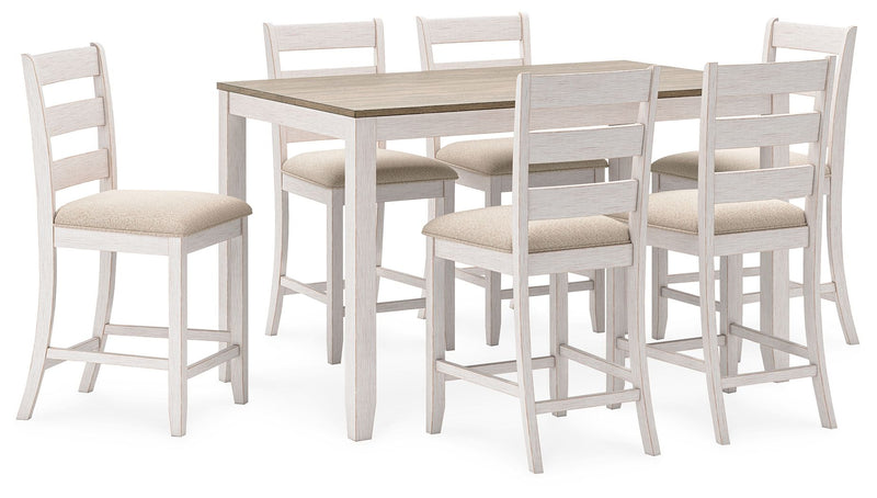 Skempton - Counter Height Dining Table and Bar Stools (Set of 7) - White / Light Brown - R&R Furniture Gallery (Fountain Valley, CA)