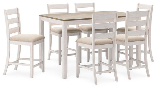 Skempton - Counter Height Dining Table and Bar Stools (Set of 7) - White / Light Brown - R&R Furniture Gallery (Fountain Valley, CA)