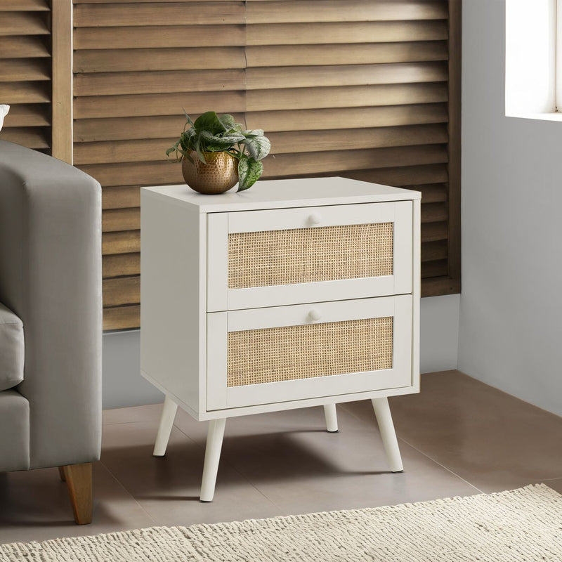 White 8th Street accent table with storage drawers, featuring a sleek design and modern style for living room or entryway decor.