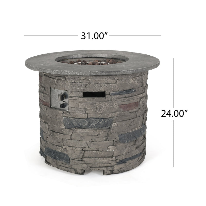 Transitional Outdoor 32" Round Propane Fire Pit Table, Lightweight Concrete Construction - Stone Gray - R&R Furniture Gallery (Fountain Valley, CA)