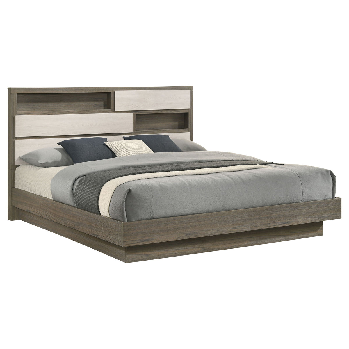 Eastern King Bed Bookcase Headboard With Hidden Storage - Oak