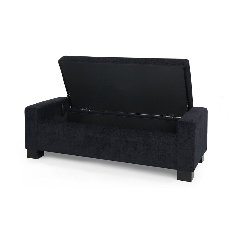 Noble House textured fabric ottoman bench with hinged lid, showcasing a plush upholstered surface and sturdy wooden legs.