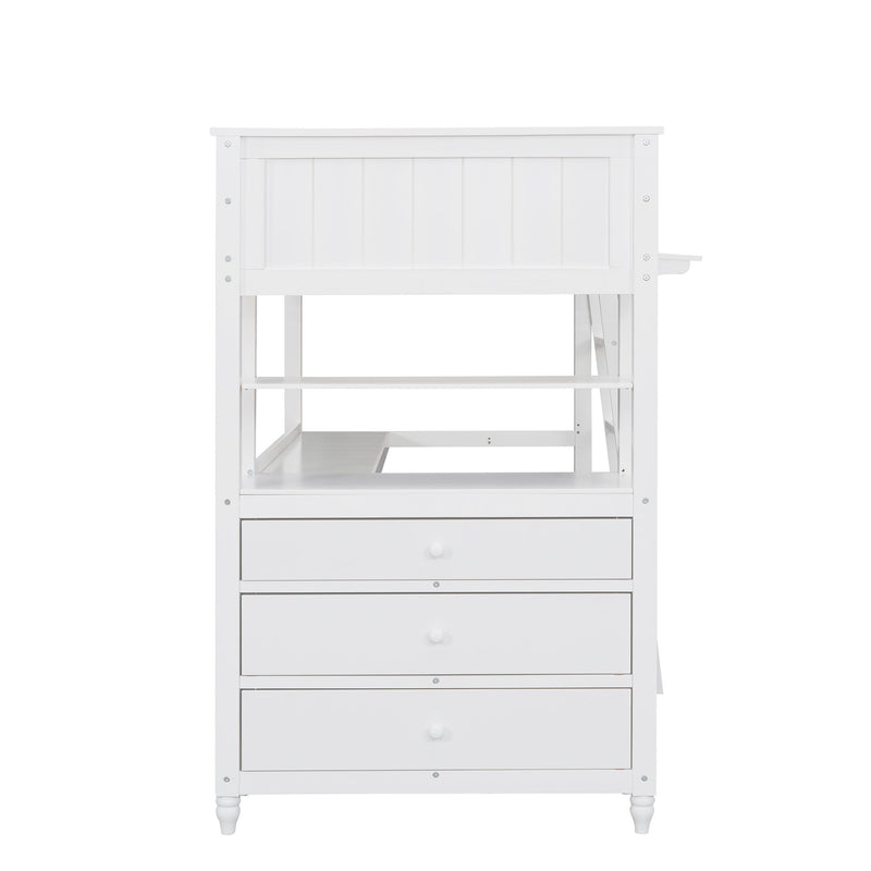 DreamHaus loft bed with built-in drawers, desk, and shelves showcasing a modern bedroom setup with organized storage.