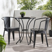 Noble House Yearn 3-piece outdoor bistro set with a round table and two chairs, featuring a stylish metal design and outdoor-ready finish.