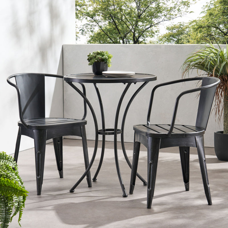 Noble House Yearn 3-piece outdoor bistro set with a round table and two chairs, featuring a stylish metal design and outdoor-ready finish.