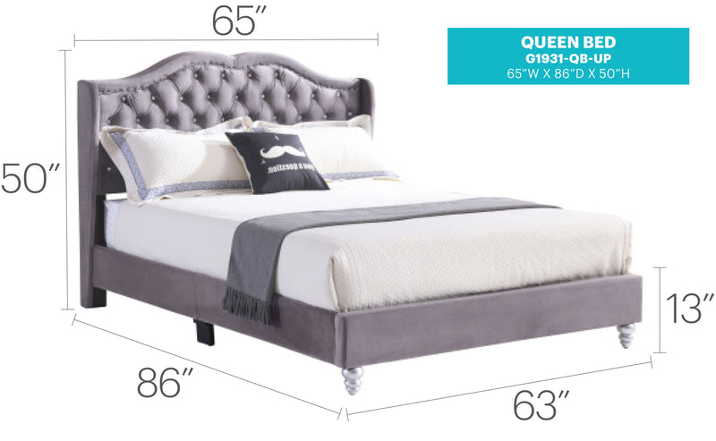 Elegant upholstered bed by Glory Furniture featuring a transitional design with plush fabric and a sturdy wooden frame.