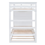 White DreamHaus twin over twin bunk bed with built-in staircase and trundle, featuring a sturdy frame and safety rails.